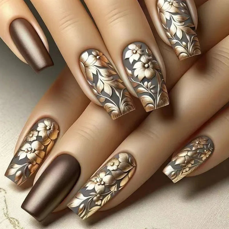 24 pezzi Stampa sulle unghie Design floreale Balletto di media lunghezza Unghie finte Moda Marrone Copertura completa Suggerimenti per manicure Set di unghie finte danneggiabili