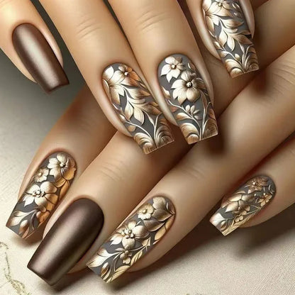 24 pezzi Stampa sulle unghie Design floreale Balletto di media lunghezza Unghie finte Moda Marrone Copertura completa Suggerimenti per manicure Set di unghie finte danneggiabili