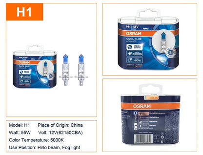 OSRAM Cool Blue Advance H4 H7 H9 H11 12V 5000K Bianco puro H1 H3 HB3 HB4 Xenon Look Auto Lampade alogene Faro originale