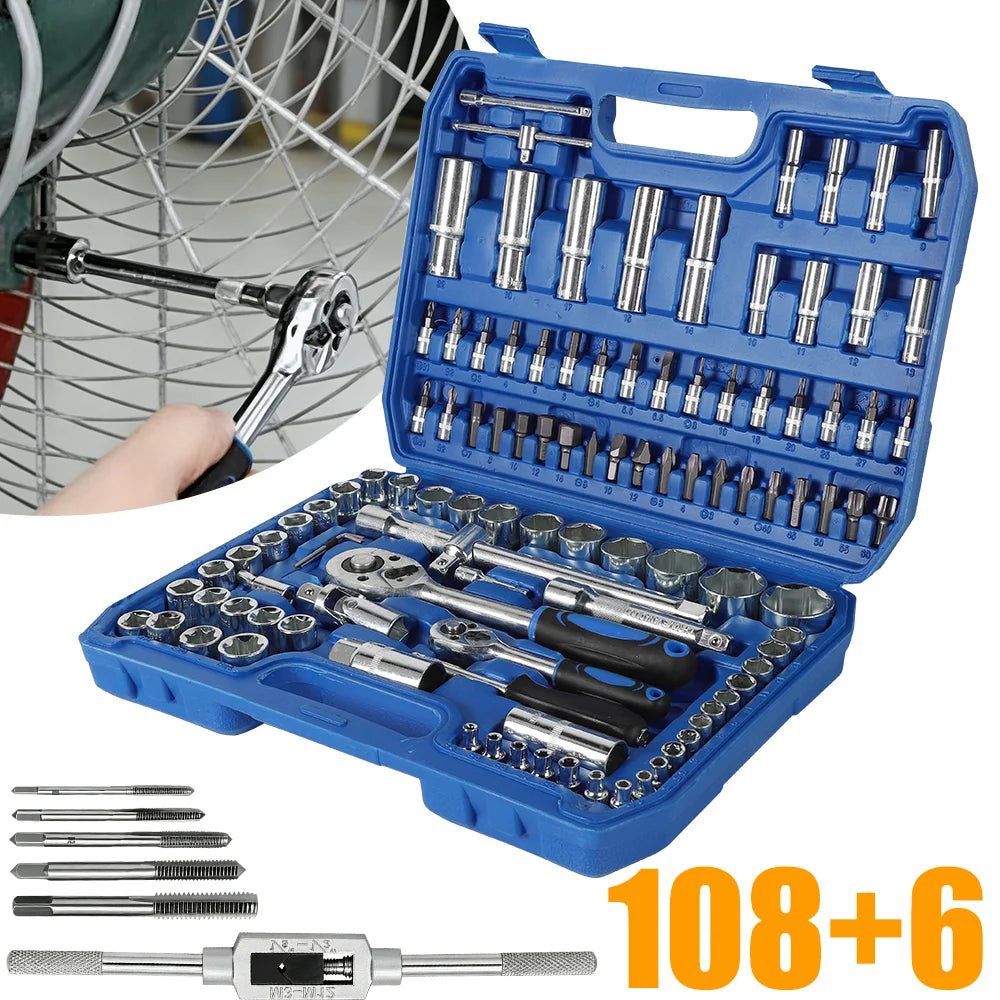 Set di chiavi a cricchetto e bussole da 114 pezzi/100 pezzi, kit di attrezzi per la riparazione di auto, set di chiavi a cricchetto da 1/4" e 1/2", combinazione di chiavi a cricchetto e chiavi dinamometriche, con maschi (M3,