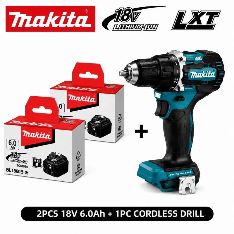 Trapano avvitatore a batteria Makita DDF487 18V LXT, compatto, leggero, con elevata coppia, 20 impostazioni di coppia, luce LED e cambio a 2 velocità.