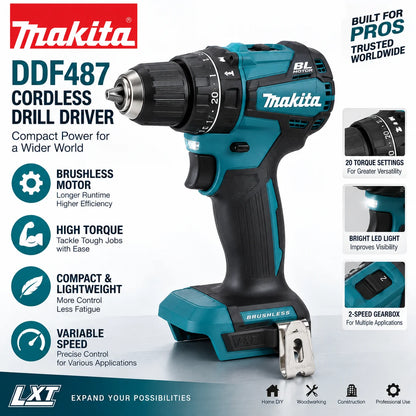 Trapano avvitatore a batteria Makita DDF487 18V LXT, compatto, leggero, con elevata coppia, 20 impostazioni di coppia, luce LED e cambio a 2 velocità.