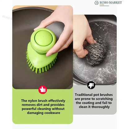 Spazzola per piatti con erogatore di sapone 2 in 1, dotata di spazzola integrata per la pulizia di pentole, padelle e lavelli, fornita con supporto da parete, strumento per la pulizia della cucina.