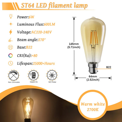 10 Lampadine LED E27 E14 B22 Stile Industriale Vintage, Retro Edison 8W 4W 6W 220V per Lampade a Filamento Incandescenti Edison
