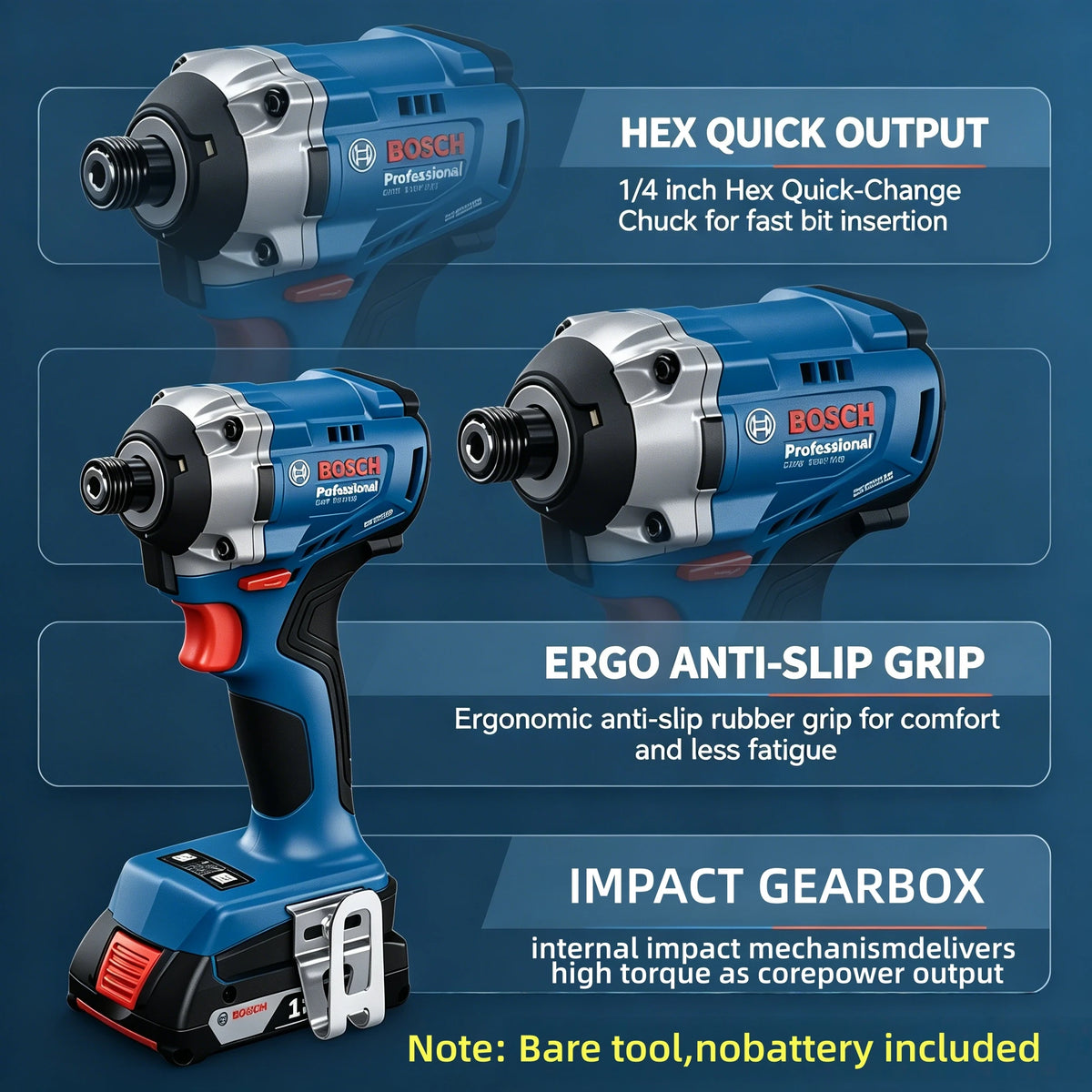 Bosch GDR 18V‑215 Avvitatore a Impulsi Senza Spazzole 215Nm 3300RPM, Compatto per Spazi Ristretti, per Viti Lunghe e Lavori su Legno Duro