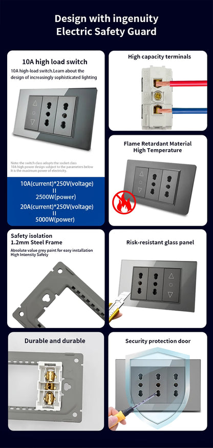 DELEFU Presa a Muro in Vetro Temperato Bianco Italia USB Tipo C Ricarica Rapida Interruttore Schuko TV Satellitare Citofono Cile