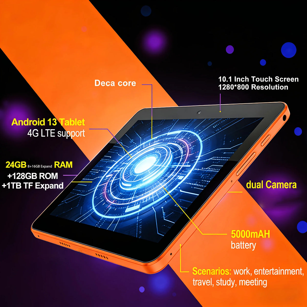 Koomdigi T70Pro Tablet Pc Android 13 10 Inch Tablet 1-Inch Tablet with 24Gb (8+16Gb) Ram and 128Gb Rom + Support 1280X800 Ips Screen Expansion, 4g Calling, 2 2-in-1 Tablet with 4g Support Complete Set with Keyboard
