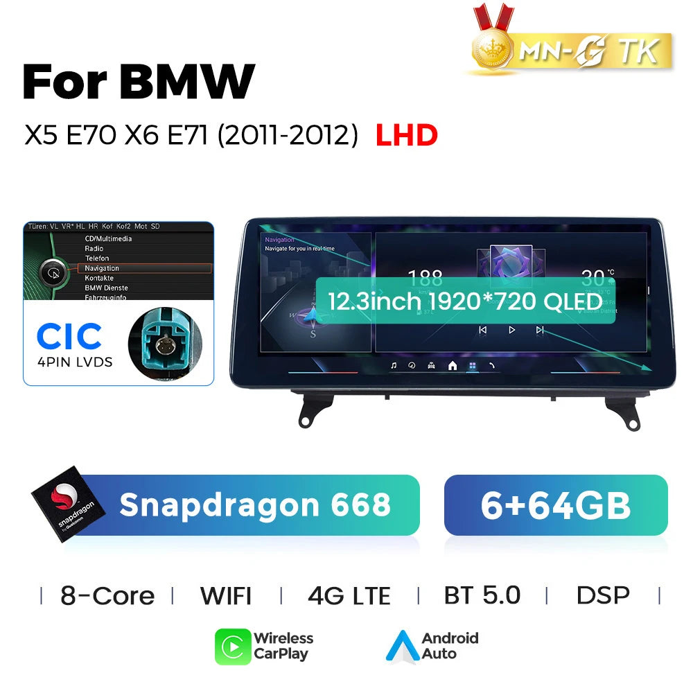 Sistema Multimediale Intelligente MEKEDE con CarPlay Wireless e Android Auto per BMW X5 E70 X6 E71, Schermo QLED da 10.25/12.3 Pollici, Android 14, CPU Snapdragon, Radio e Navigazione GPS per Auto
