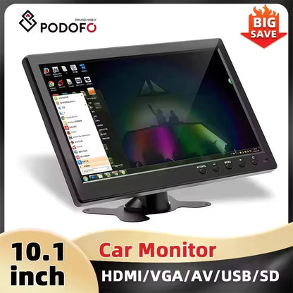Monitor di Sicurezza Podofo 10.1'' con Display TFT LCD HD, Schermo Digitale con Ingresso Video HDMI/VGA/AV/USB/SD, Lettore PC/TV/DVD, Monitor per Auto