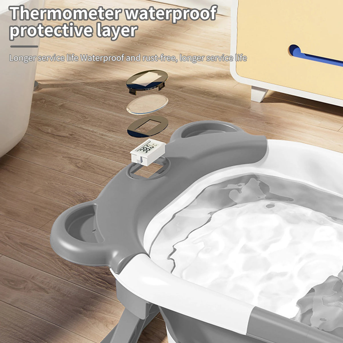 Vasca da Bagno Pieghevole per Neonati con Termometro, Tappetino Antiscivolo, Cuscino di Supporto, Vasca Portatile per Doccia Neonati 0-15M, Piscina da Viaggio
