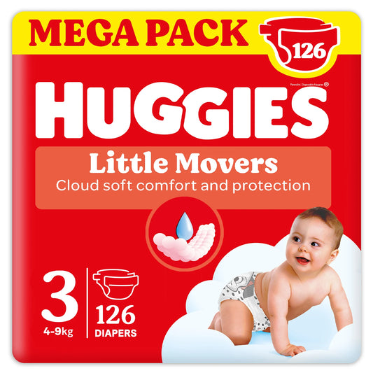 Huggies Little Movers, Pannolini Taglia 3 (4-9 Kg) Pacco Mega, 126 Pz