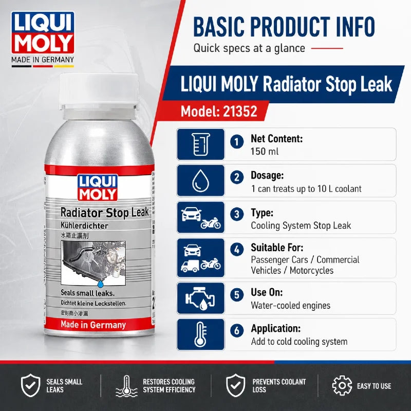 LIQUI MOLY Radiator Stop Leak 21352 150ml Sigillante per Sistema di Raffreddamento per Auto e Moto, Riparazione di Piccole Perdite nel Motore Raffreddato ad Acqua