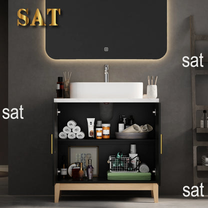 Mobile da bagno moderno con lavabo e 2 ante portaoggetti, mobile lavabo con porta troppopieno e maniglie in metallo, nero