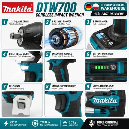 Avvitatore a impulsi Makita DTW700 18V senza fili, brushless, 700 Nm, professionale, con attacco quadrato da 1/2 pollice, velocità variabile, Auto-Stop, compatibile con batterie Makita LXT BL1830 BL1840 BL1850 BL1860B - Maga