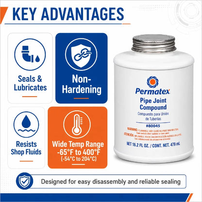 Permatex 80045 Sigillante per Giunti di Tubi Resistente al Calore per Linee di Acqua, Olio e Carburante Non Indurente 479mL