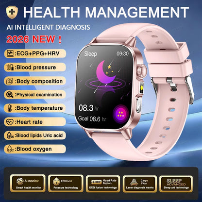 Nuovo Smartwatch per Uomo con Diagnosi ECG Accurata, Misurazione di Pressione Sanguigna, Ossigeno nel Sangue, Grasso nel Sangue, Acido Urico, Temperatura, Chiamate Bluetooth