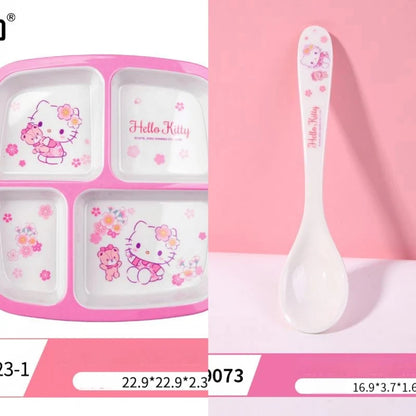 Set di stoviglie in melamina Hello Kitty per bambini - Ciotole, piatti, cucchiai e tazze anti-scottatura con simpatico design a cartoni animati