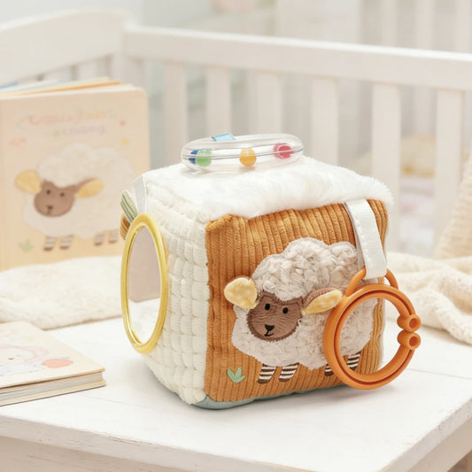 Cubo di attività morbido e soffice per neonati con specchio, sonaglio e massaggiagengive – Giocattolo sensoriale e di sviluppo per neonati da 0 a 12 mesi – Regali per bambini