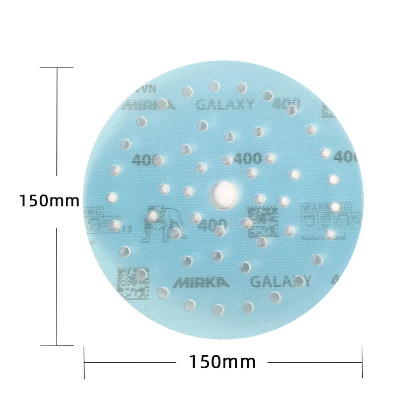 Carta Abrasiva Rotonda MIRKA da 6 Pollici (150mm) Ciano Galaxy con 49 Fori e Retro in Velluto per Lavorazione del Legno e Levigatura
