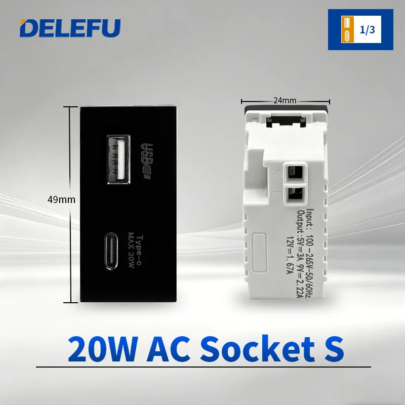 DELEFU Modulo Presa Combinabile Tipo-C Brasile - Uso Domestico - Nero - Assemblaggio Fai-da-te - Presa con Interruttore per Ricarica Rapida USB Tipo-C