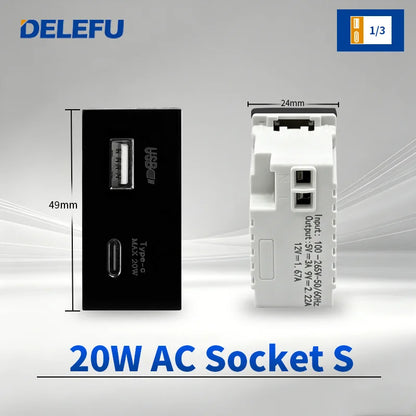DELEFU Modulo Presa Combinabile Tipo-C Brasile - Uso Domestico - Nero - Assemblaggio Fai-da-te - Presa con Interruttore per Ricarica Rapida USB Tipo-C