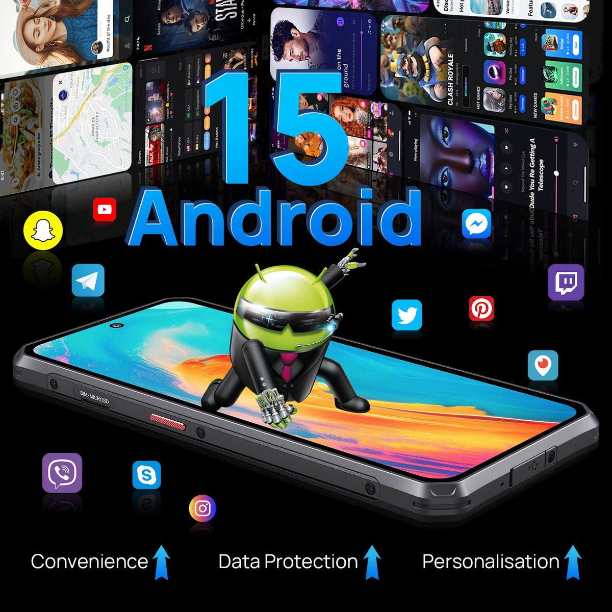 Fossibot F114, smartphone robusto e ultra sottile, Android 15, 16 GB di RAM (4+12 GB espandibili), 128 GB di ROM, display HD+ da 6,67", batteria da 5000 mAh con ricarica da 18 W, fotocamera 500 MP + 8 MP + 2 MP.