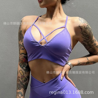 Reggiseno sportivo leggero a V profonda e sexy, pantaloni yoga a vita alta modellanti e scollati da donna