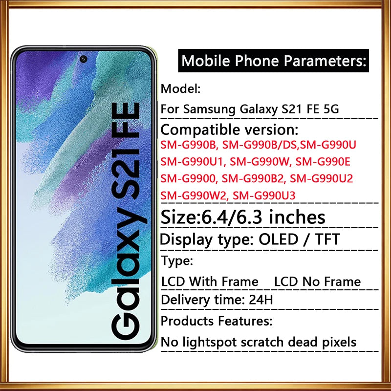 Schermo Dynamic AMOLED 2X S21FE con Cornice per Samsung Galaxy S21 FE 5G, Display LCD G990, Sostituzione Touch Screen Digitizer