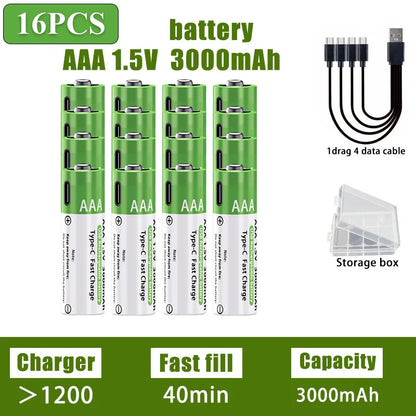 Nuove Batterie al Litio Ricaricabili AA 1.5V 3800mAh + AAA 3000mAh, Ricarica Rapida, 1200 Cicli, con Cavi Gratuiti e Scatola