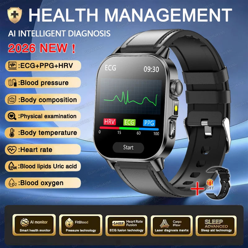 Nuovo Smartwatch per Uomo con Diagnosi ECG Accurata, Misurazione di Pressione Sanguigna, Ossigeno nel Sangue, Grasso nel Sangue, Acido Urico, Temperatura, Chiamate Bluetooth