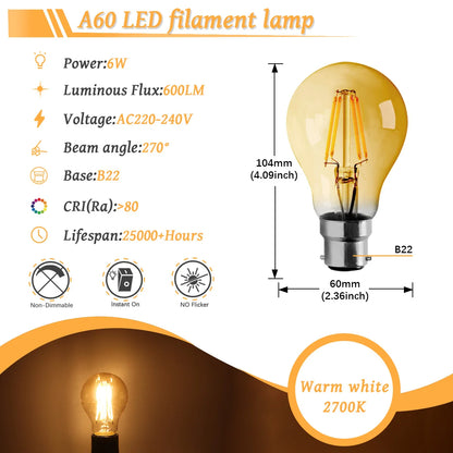 10 Lampadine LED E27 E14 B22 Stile Industriale Vintage, Retro Edison 8W 4W 6W 220V per Lampade a Filamento Incandescenti Edison