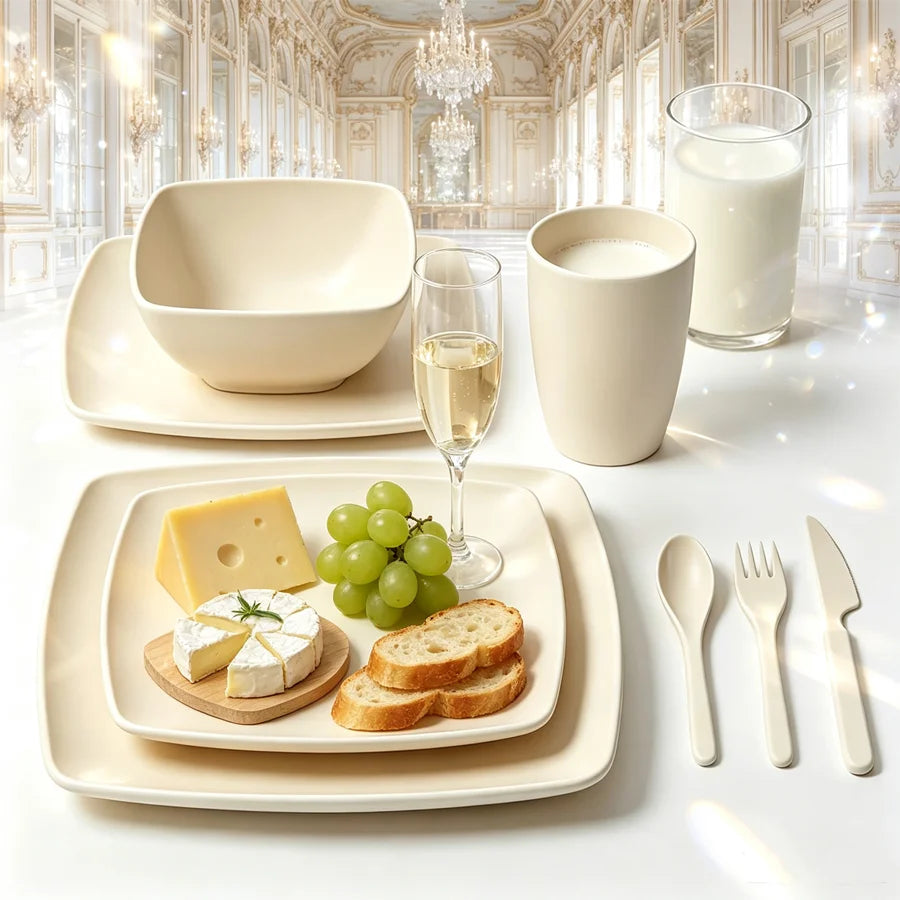 Set di posate quadrato color bianco sporco da 8 pezzi, composto da un piatto quadrato, una ciotola quadrata, una tazza, un coltello, una forchetta, un cucchiaio e una scatola per posate—per l'uso quotidiano.