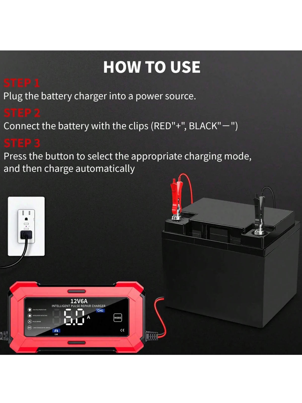 Caricabatterie per auto e moto con schermo a colori, 12V 6A, caricabatterie per batterie al piombo e al litio, spina europea, arresto automatico quando la carica è completa.
