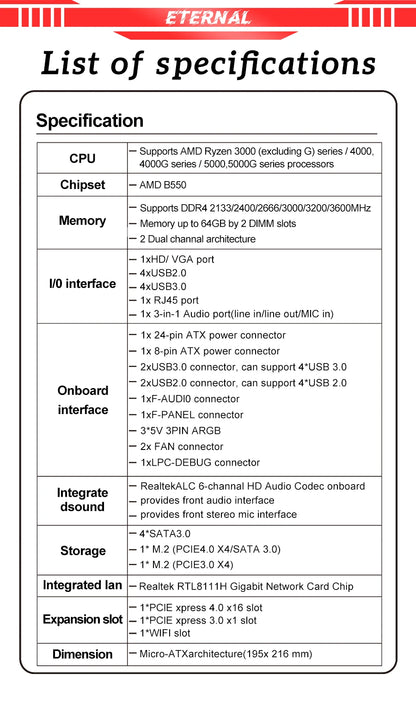 Scheda madre da gioco SOYO AMD B550M USB3.0 PCIE3.0 M.2 NVME Dual Channel DDR4 AM4 Socket supporta CPU Ryzen 5500 5600 5700X