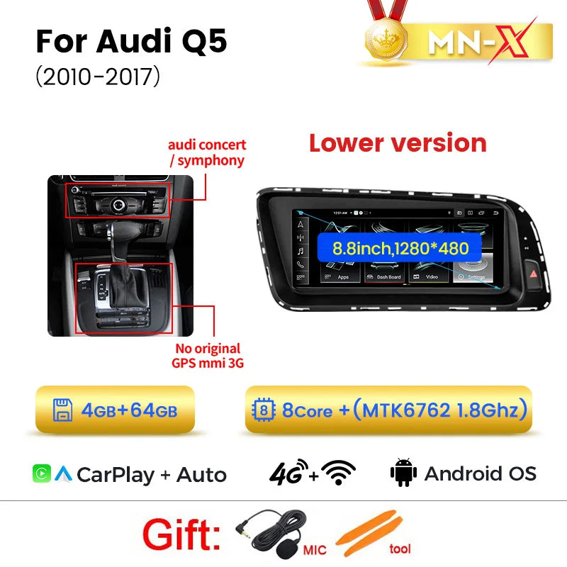 Schermo da 8,8 pollici, stile originale, sistema multimediale wireless con CarPlay e Android Auto per Audi Q5 2010-2017, 4G LTE, WiFi, BT, navigazione GPS, autoradio Android, lettore video 4K.