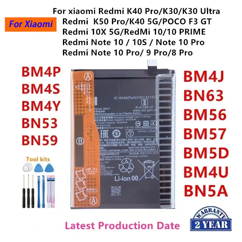 100% originale BM4P BM4S BM4Y BN53 BN59 BM4J BN63 BM56 BM57 BM5D BM4U BN5A batteria per Xiaomi Redmi K50 Pro/K40 5G/K40 Pro/K30