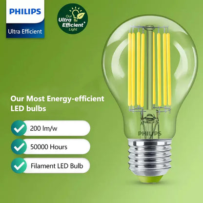 Philips Lampadina a filamento LED ultra efficiente Trasparente A60 E27 Vite Edison 2,5 W 4 W Lampada LED in vetro classico Colore bianco Risparmio energetico 1x