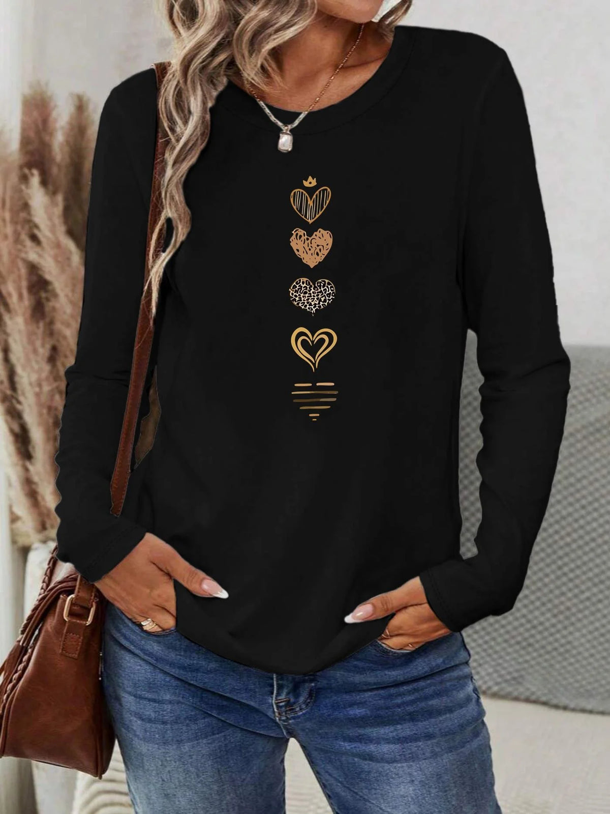 T-shirt da donna in 100% cotone, ideale per l'autunno e l'inverno, in bianco e nero, stile street, comoda, a maniche lunghe, con stampa, abbigliamento casual da donna.
