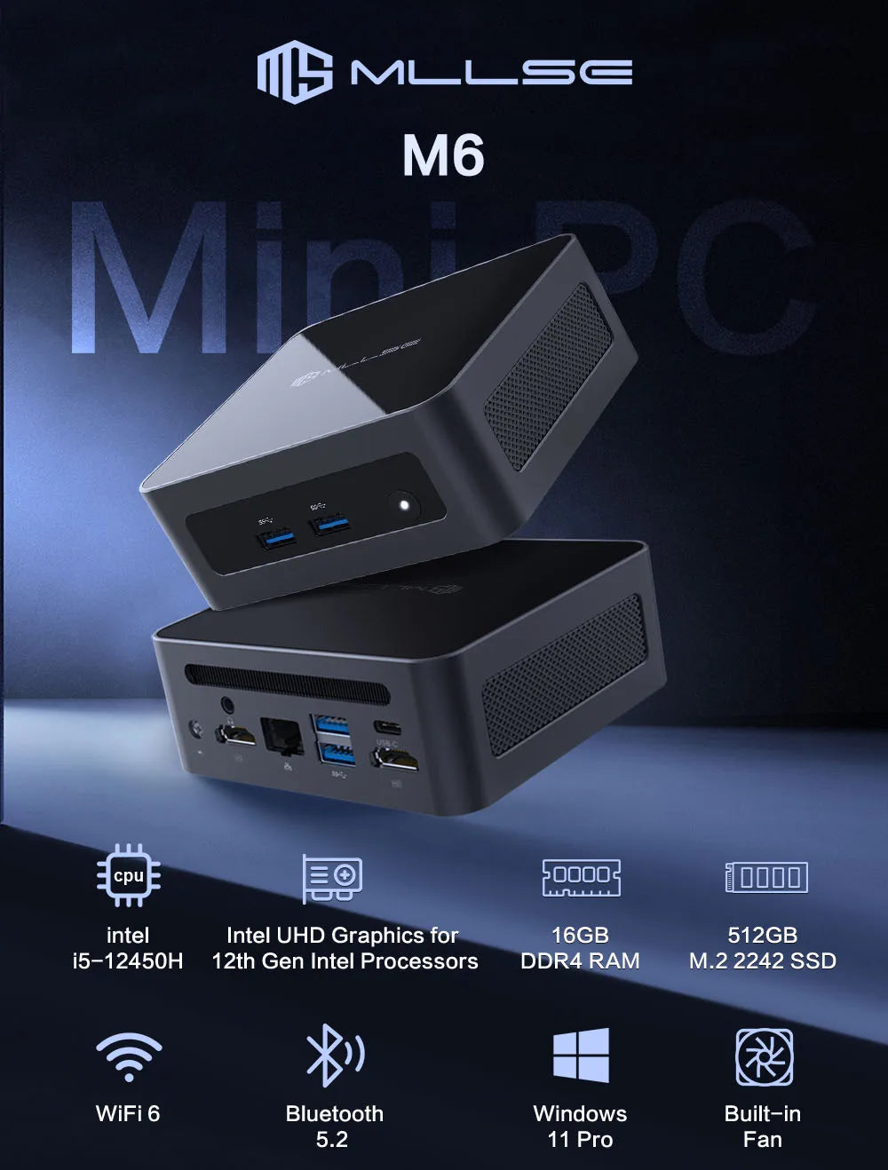 Mini PC MLLSE M6 con CPU Intel Core i5-12450H, 16 GB di RAM, SSD da 512 GB, WiFi 6, BT 5.2, mini computer desktop con Windows 11 Pro