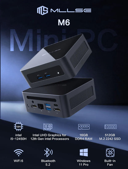 Mini PC MLLSE M6 con CPU Intel Core i5-12450H, 16 GB di RAM, SSD da 512 GB, WiFi 6, BT 5.2, mini computer desktop con Windows 11 Pro