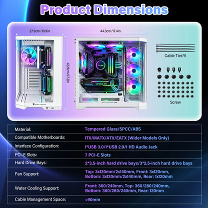 Case per PC ATX, con elevata capacità di circolazione dell’aria, struttura modulare per PC desktop, dotato di pannelli in vetro temperato sul frontale e sui lati, compatibile con schede madri ITX, MATX ed EATX.