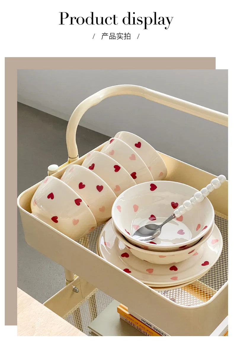 Set di stoviglie in ceramica a forma di cuore, piatto piano, insalatiera di riso, tazza da caffè, amore giapponese, regalo caldo per San Valentino