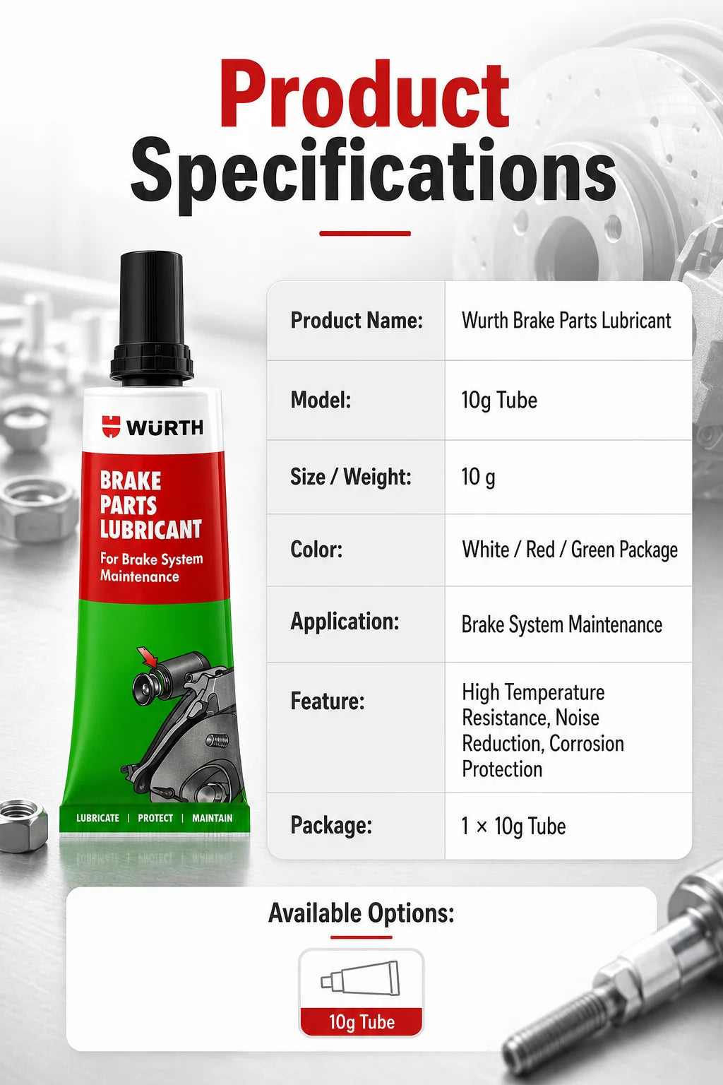 Lubrificante per Freni Wurth 10g, Grasso Resistente al Calore per Pinze Freno, Perni Guida, Pistoni, Uso Automobilistico
