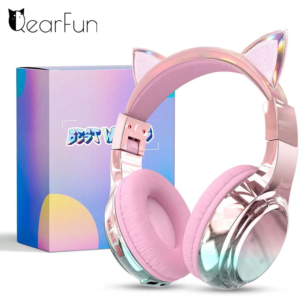 Cuffie wireless a forma di orecchie di gatto per ragazze e bambini, cuffie Bluetooth con volume sicuro 74/85/94dB, cuffie pieghevoli per bambini, ideali per i viaggi