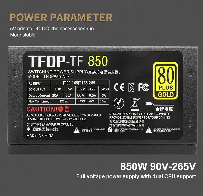 Alimentatore oro 850w 80 Plus 110V/220V Sorgente PC PFC attivo modulare completa per alimentatore per computer da gioco Alimentatore video