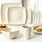 Set di posate quadrato color bianco sporco da 8 pezzi, composto da un piatto quadrato, una ciotola quadrata, una tazza, un coltello, una forchetta, un cucchiaio e una scatola per posate—per l'uso quotidiano.