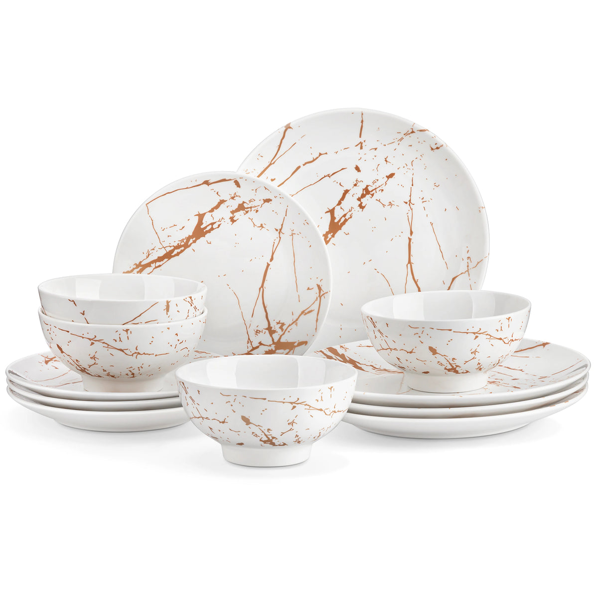 LOVECASA Set di piatti in ceramica da 12/24 pezzi Color smalto bianco con Set di stoviglie in oro con cena/Dessert/ciotola da 4/8 pezzi per 4/8 persone