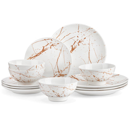 LOVECASA Set di piatti in ceramica da 12/24 pezzi Color smalto bianco con Set di stoviglie in oro con cena/Dessert/ciotola da 4/8 pezzi per 4/8 persone