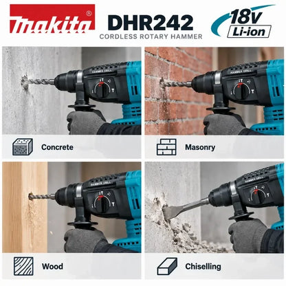 Makita DHR242, trapano a percussione rotante senza fili 18V LXT, motore brushless, 24 mm, per calcestruzzo, 4700 IPM, 2,0 J, sistema SDS Plus, 3 modalità, utensile elettrico per impieghi gravosi, compatibile con le batterie