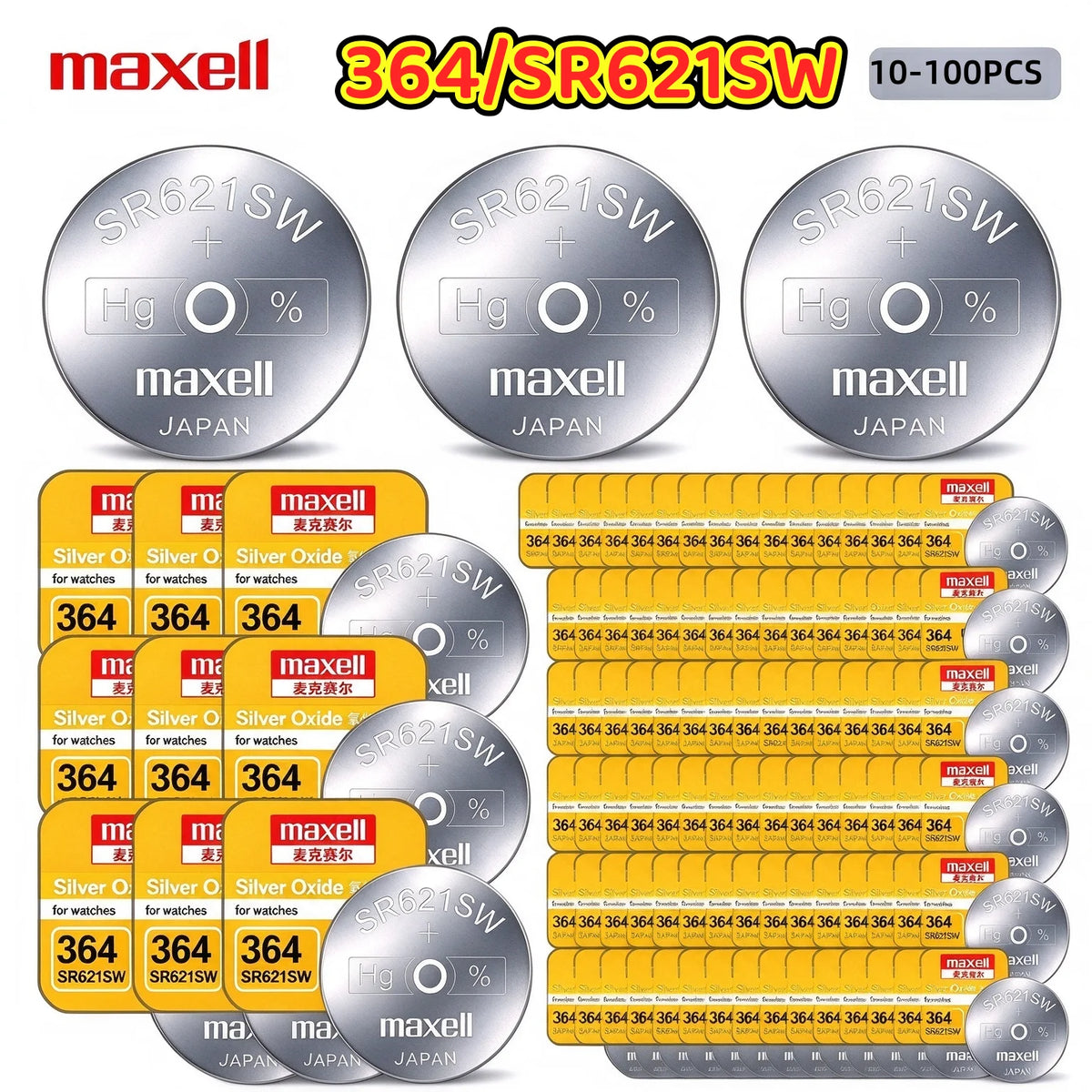 10-100PCS Batteria a bottone Maxell SR621SW 364 in ossido d'argento 1,55V AG1 LR621 per orologio da polso e orologio al quarzo